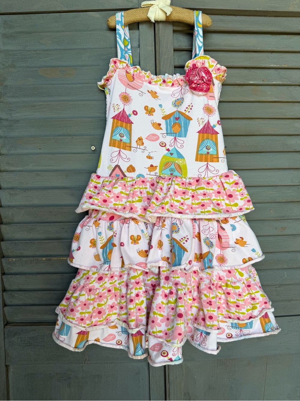 Jelly The Pug Pink Floral & Blue Birdhouse Ruffle Dress